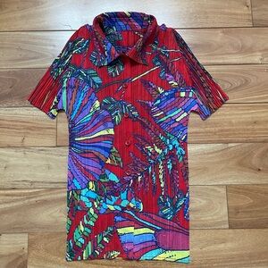 Pleats Please Issey Miyake Red Plant Leaf Print Short Sleeve Shirt Top Blouse 3
